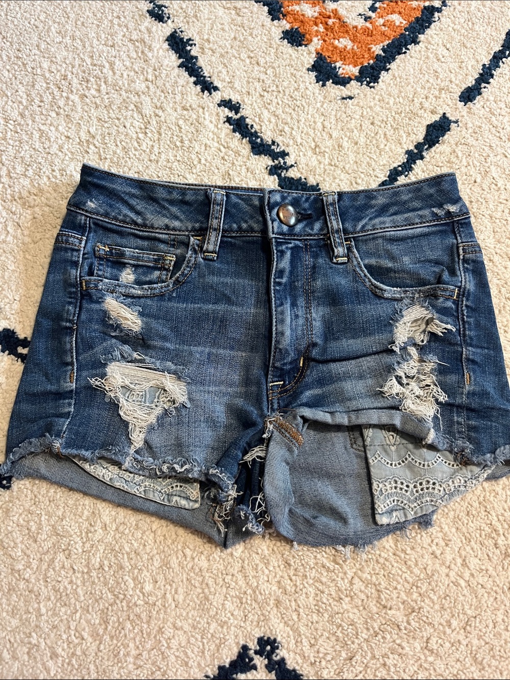American Eagle Distressed Blue Denim Jean Shorts with Lace Panel